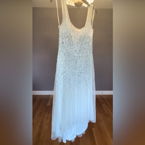 🌺 Adrianna Papell Beaded Shirred Mesh Dress With Sequins - Picture 3 of 9